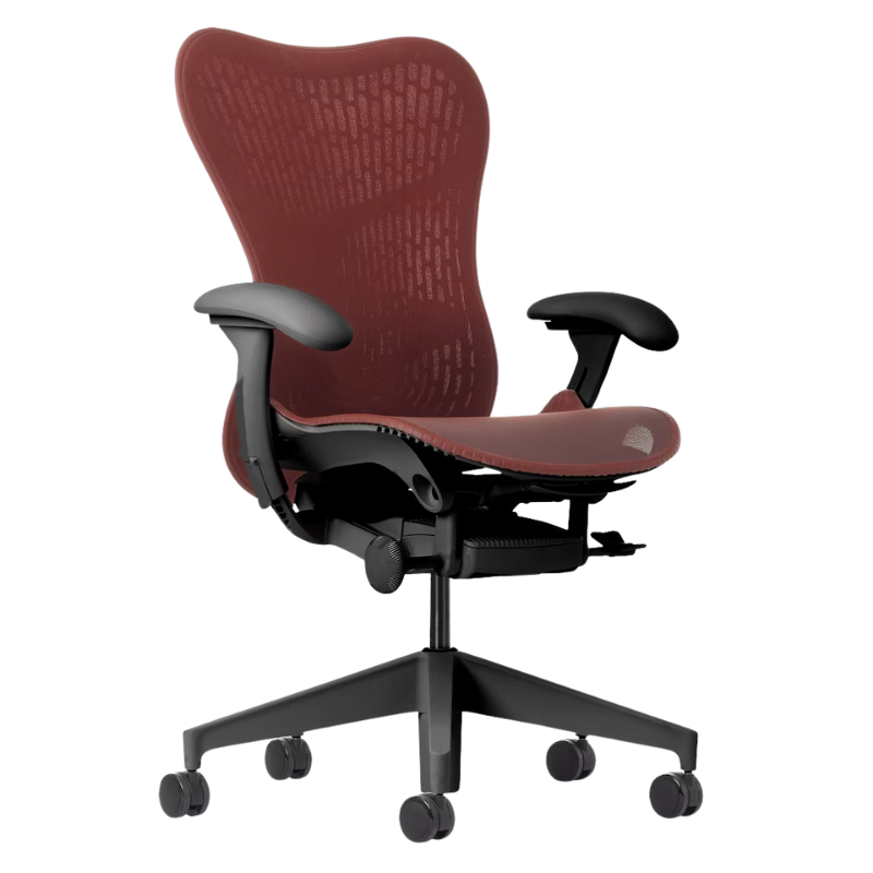 The Mirra 2 Chair from Herman Miller with the butterfly suspension back and graphite frame in cordovan color.