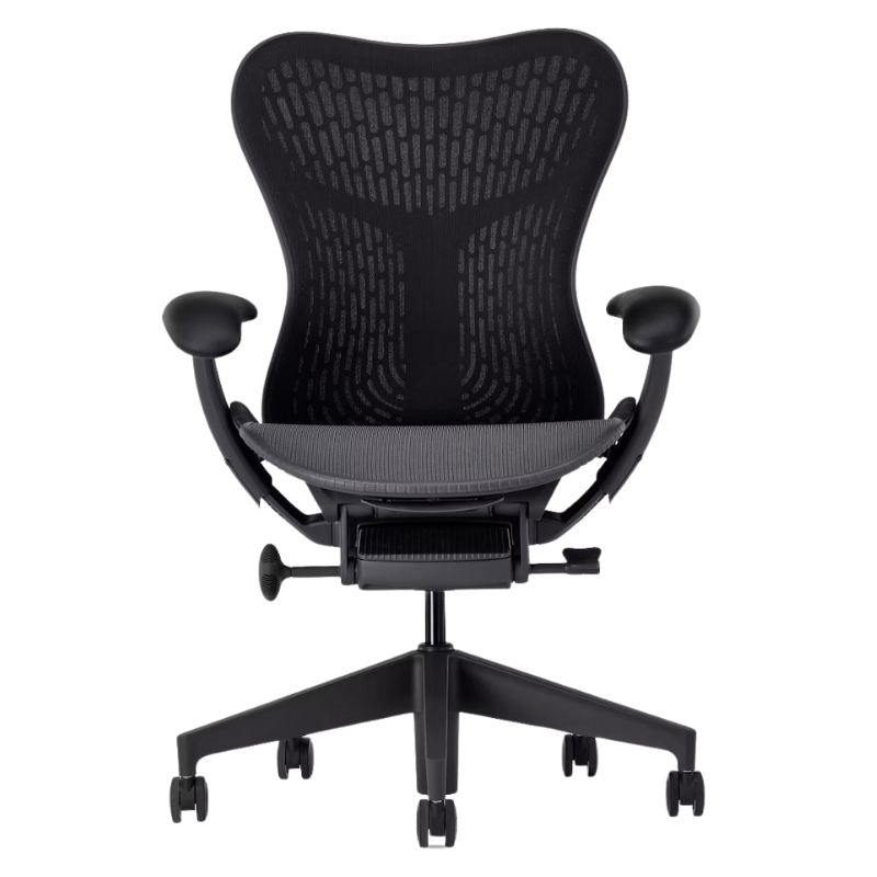 The Mirra 2 Chair from Herman Miller with the butterfly suspension back and graphite frame in graphite color from the front.