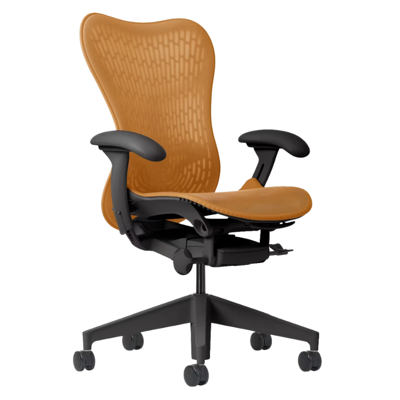 The Mirra 2 Chair from Herman Miller with the butterfly suspension back and graphite frame in ochre color.