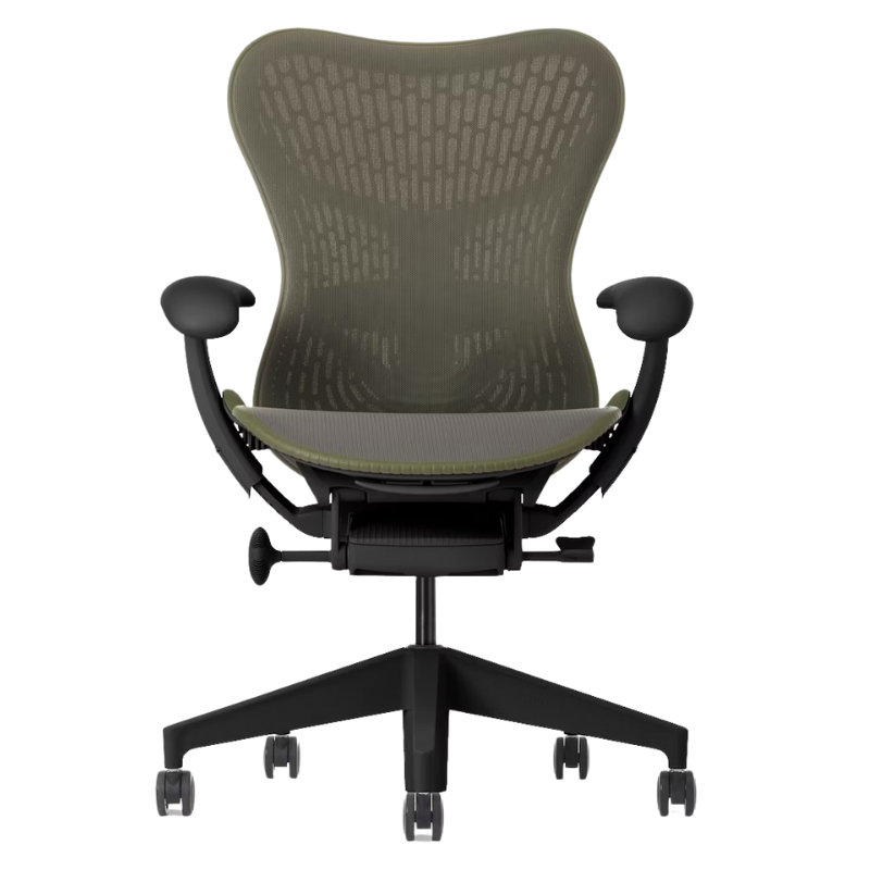 The Mirra 2 Chair from Herman Miller with the butterfly suspension back and graphite frame in olive color from the front.