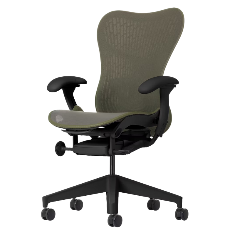 The Mirra 2 Chair from Herman Miller with the butterfly suspension back and graphite frame in olive color.