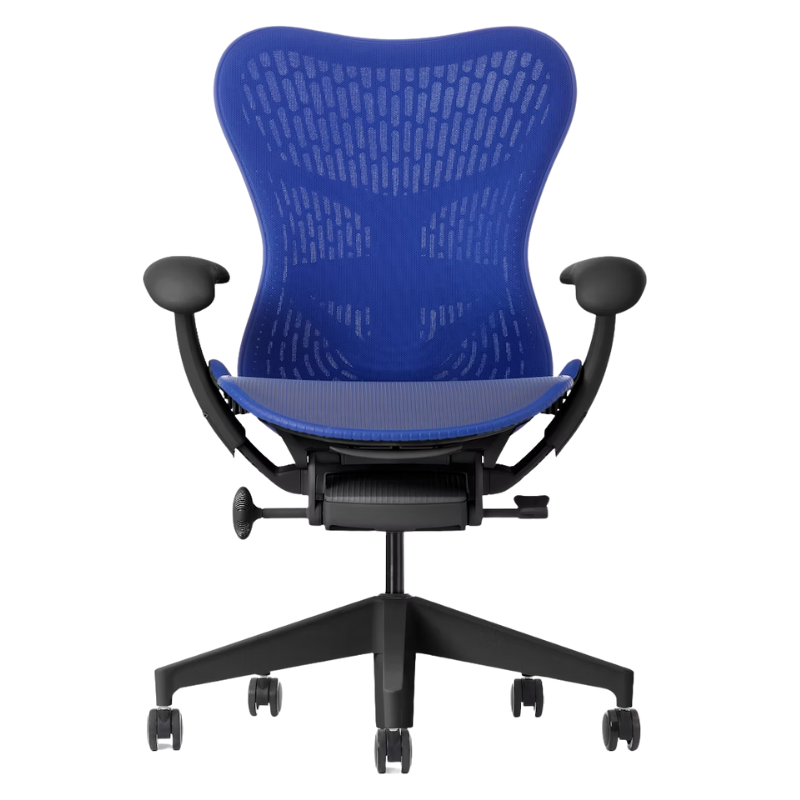 The Mirra 2 Chair from Herman Miller with the butterfly suspension back and graphite frame in ultramarine blue color from the front.