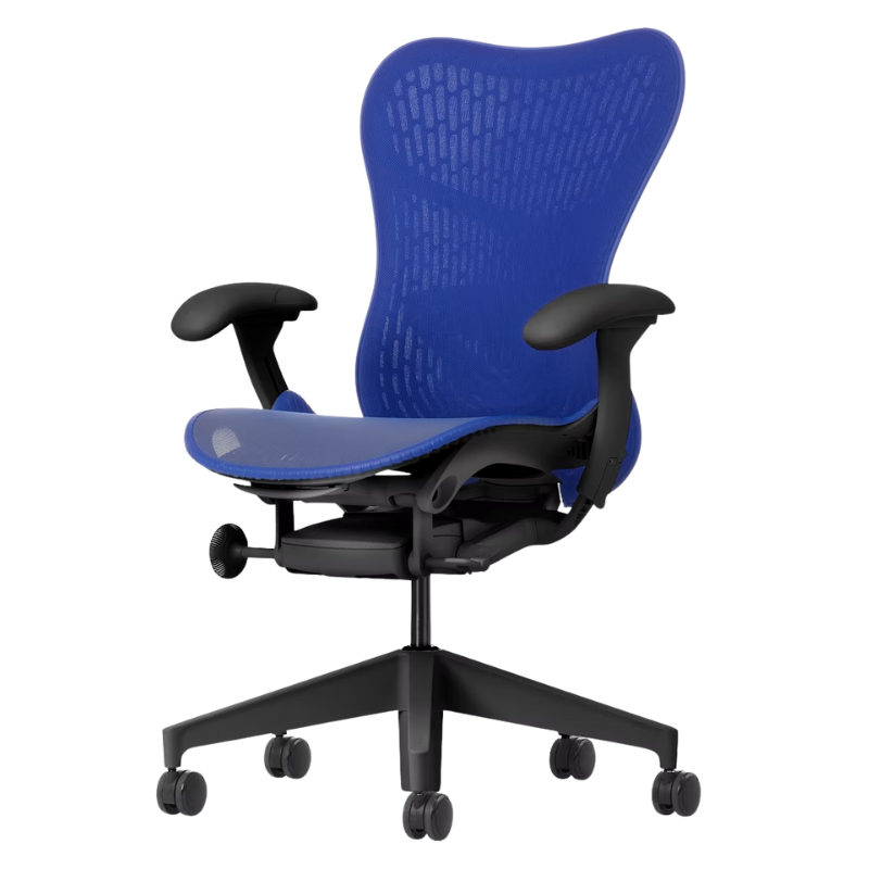 The Mirra 2 Chair from Herman Miller with the butterfly suspension back and graphite frame in ultramarine blue color.