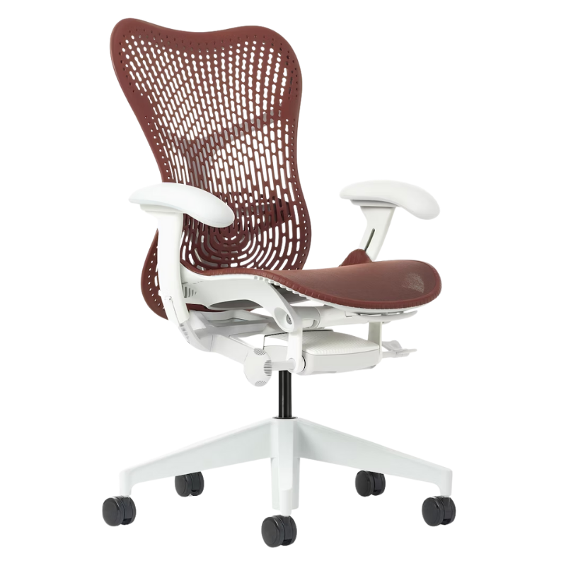 The Mirra 2 Chair from Herman Miller with the triflex polymer back and alpine frame in corodvan color from an angle.