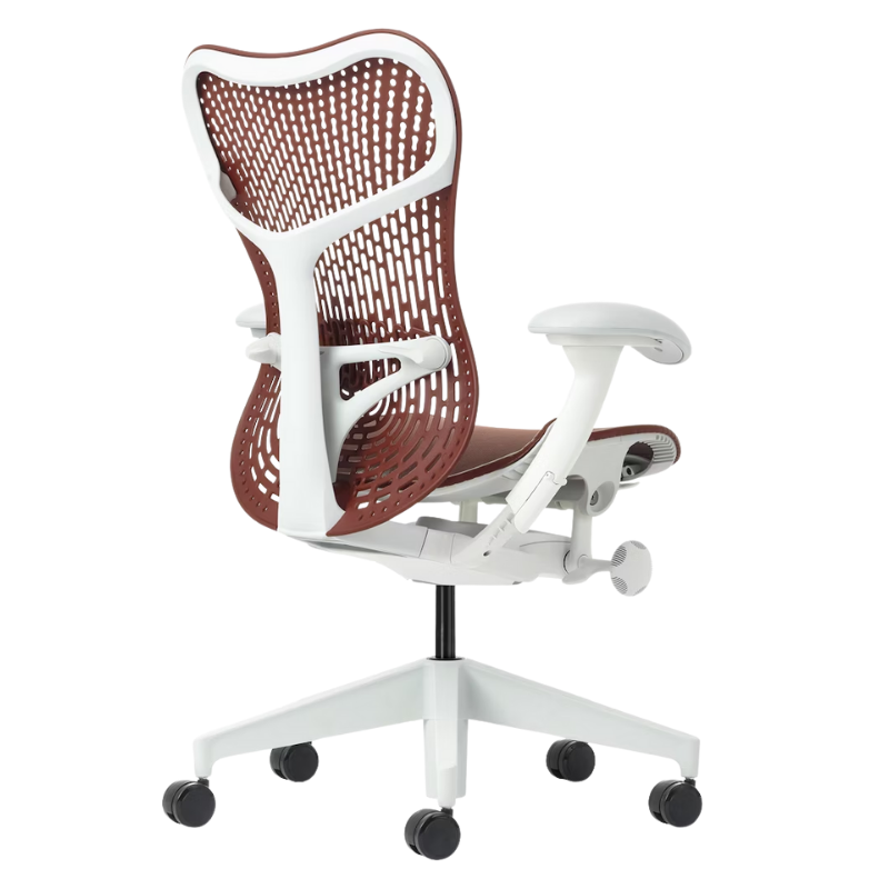The Mirra 2 Chair from Herman Miller with the triflex polymer back and alpine frame in corodvan color from the back corner.