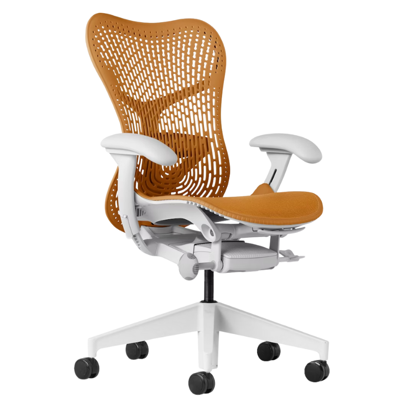The Mirra 2 Chair from Herman Miller with the triflex polymer back and alpine frame in ochre color.