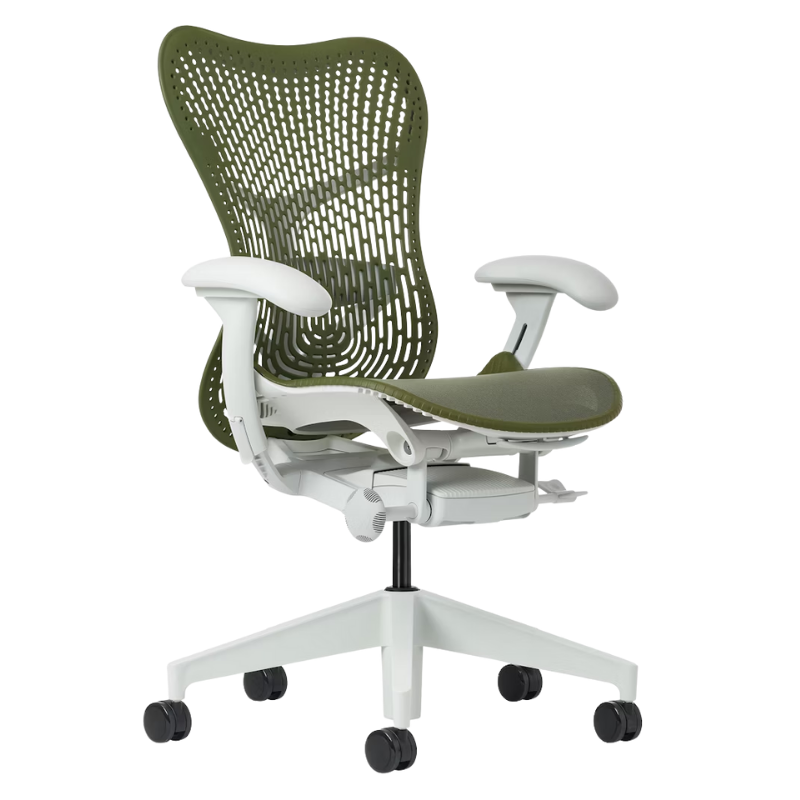 The Mirra 2 Chair from Herman Miller with the triflex polymer back and alpine frame in olive color.