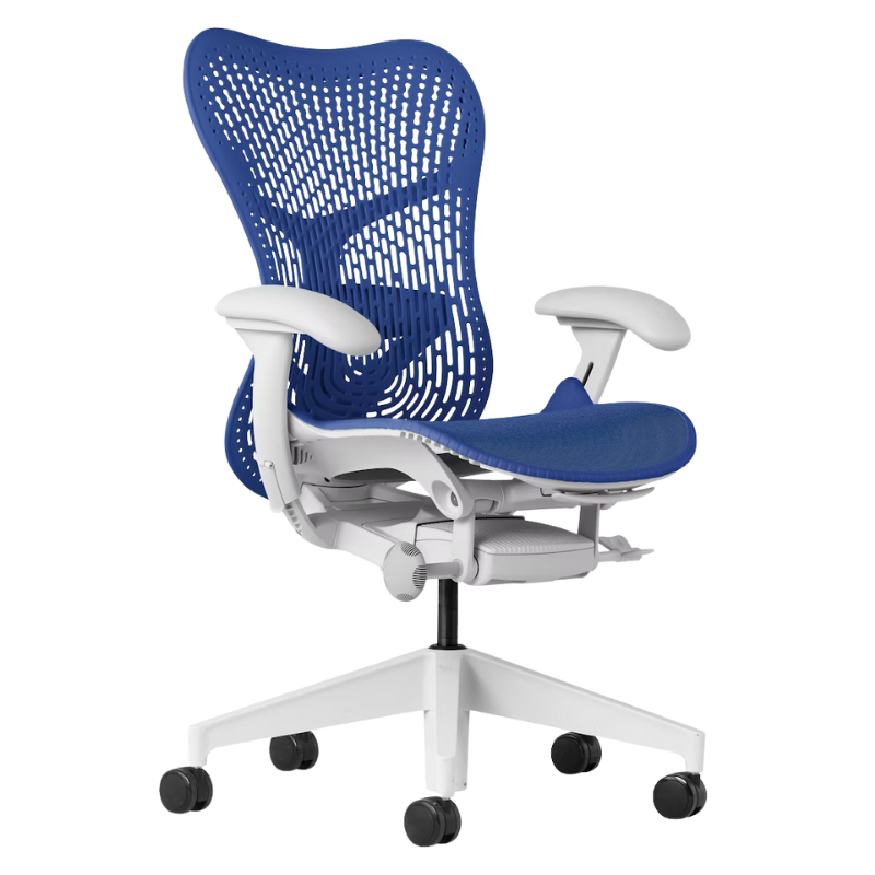 The Mirra 2 Chair from Herman Miller with the triflex polymer back and alpine frame in ultramarine blue color.