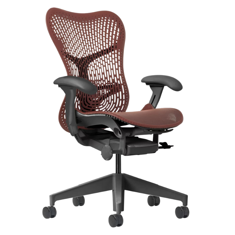 The Mirra 2 Chair from Herman Miller with the triflex polymer back and graphite frame in cordovan color.