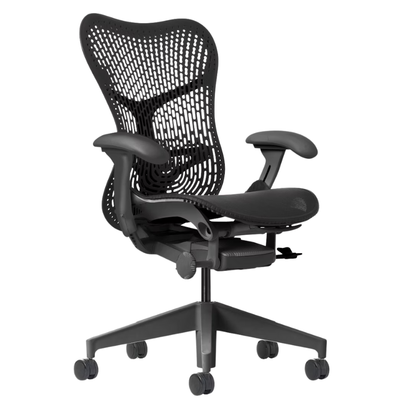 The Mirra 2 Chair from Herman Miller with the triflex polymer back and graphite frame in graphite color.