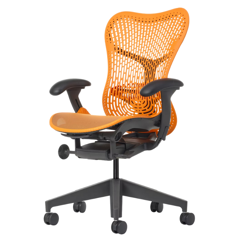 The Mirra 2 Chair from Herman Miller with the triflex polymer back and graphite frame in ochre color from an alternate angle.