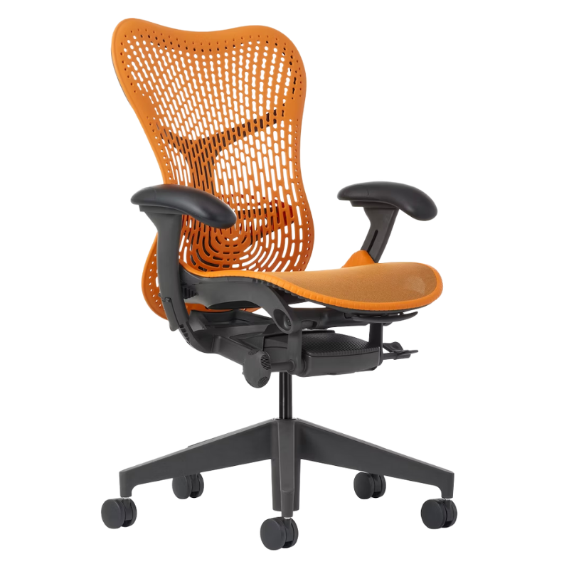 The Mirra 2 Chair from Herman Miller with the triflex polymer back and graphite frame in ochre color from an angle.