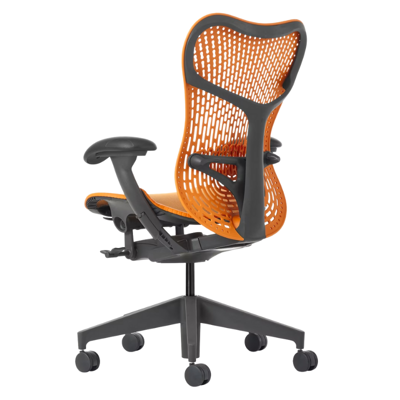 The Mirra 2 Chair from Herman Miller with the triflex polymer back and graphite frame in ochre color from the side from the back.