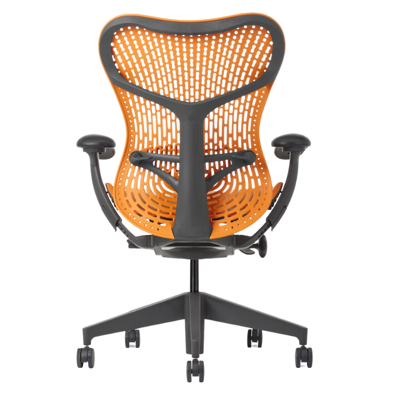 The Mirra 2 Chair from Herman Miller with the triflex polymer back and graphite frame in ochre color from the back.