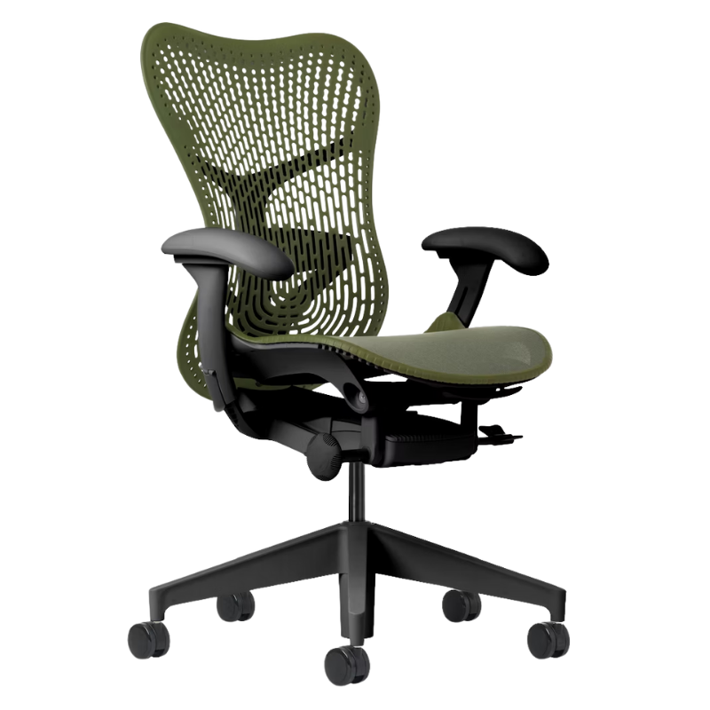 The Mirra 2 Chair from Herman Miller with the triflex polymer back and graphite frame in olive color.
