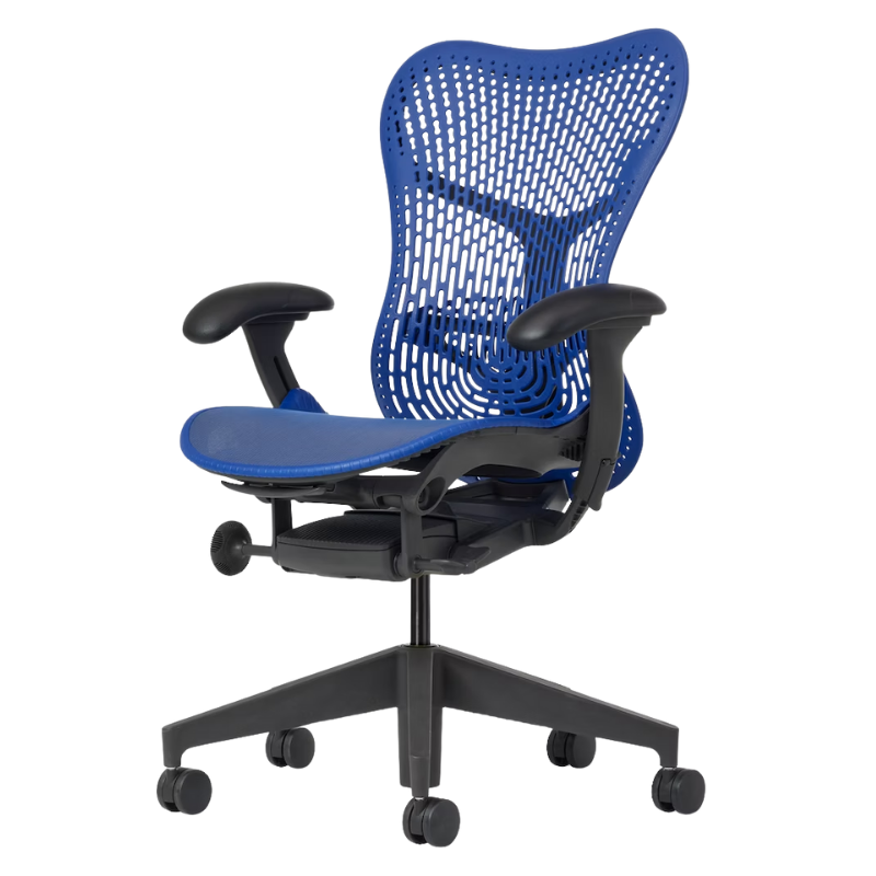The Mirra 2 Chair from Herman Miller with the triflex polymer back and graphite frame in ultramarine blue color from an angle.