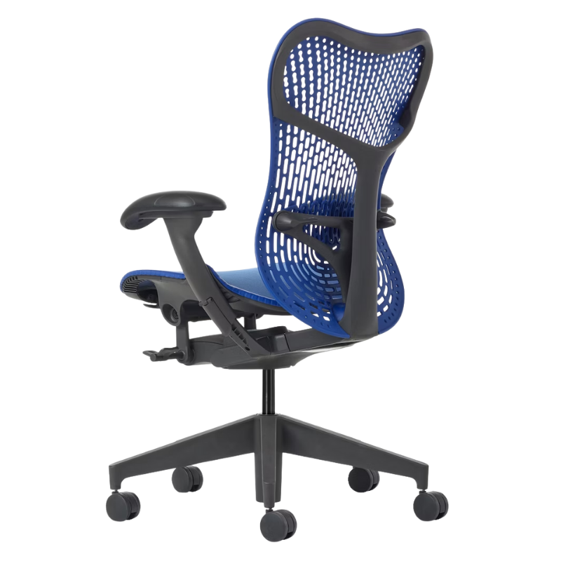 The Mirra 2 Chair from Herman Miller with the triflex polymer back and graphite frame in ultramarine blue color from the back at an angle.