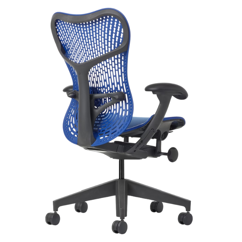 The Mirra 2 Chair from Herman Miller with the triflex polymer back and graphite frame in ultramarine blue color from the back corner.