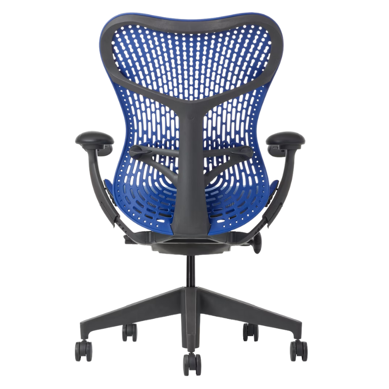 The Mirra 2 Chair from Herman Miller with the triflex polymer back and graphite frame in ultramarine blue color from the back.