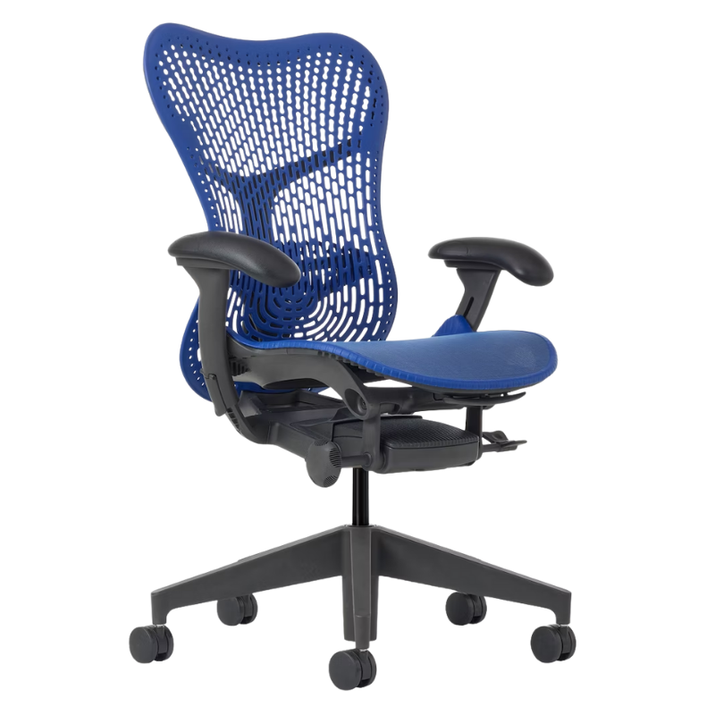 The Mirra 2 Chair from Herman Miller with the triflex polymer back and graphite frame in ultramarine blue color from another angle.
