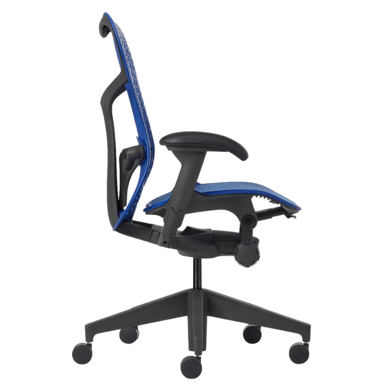 The Mirra 2 Chair from Herman Miller with the triflex polymer back and graphite frame in ultramarine blue color from the other side.