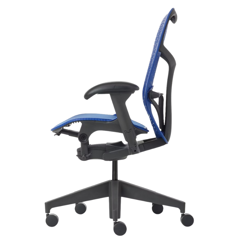 The Mirra 2 Chair from Herman Miller with the triflex polymer back and graphite frame in ultramarine blue color from the side.