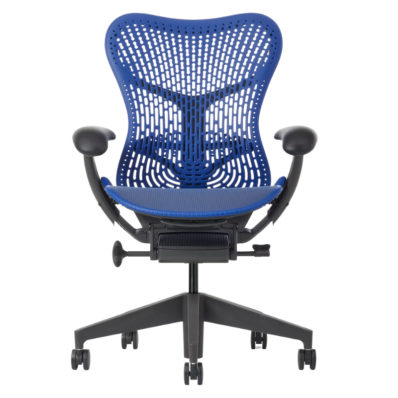 The Mirra 2 Chair from Herman Miller with the triflex polymer back and graphite frame in ultramarine blue color.