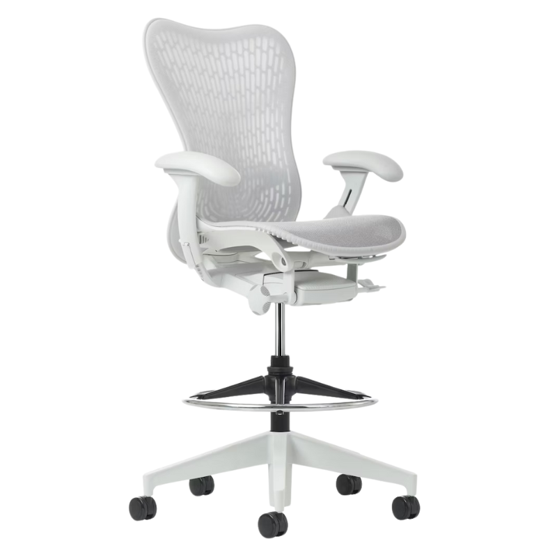 The Mirra 2 Stool from Herman Miller with the Butterfly Suspension Back, alpine frame and alpine color.