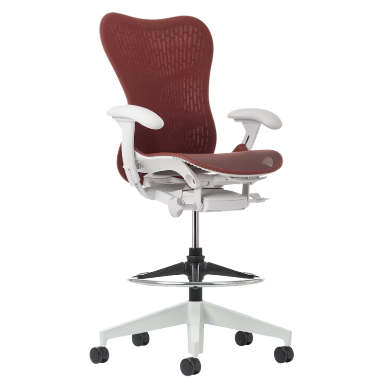 The Mirra 2 Stool from Herman Miller with the Butterfly Suspension Back, alpine frame and cordovan color.