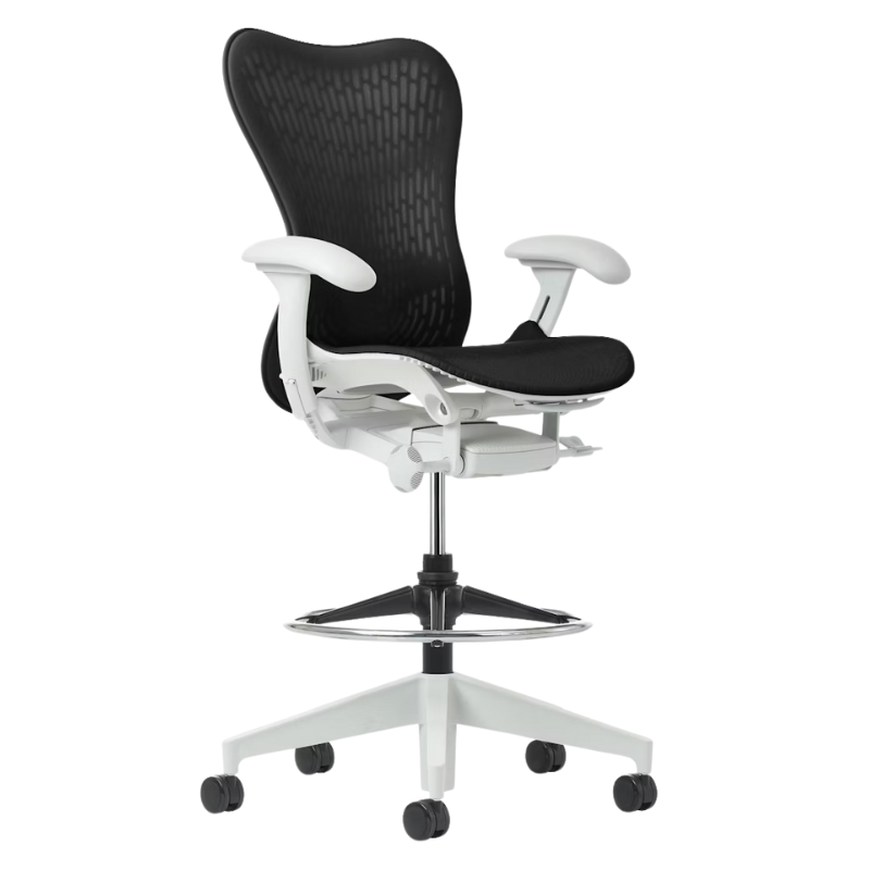 The Mirra 2 Stool from Herman Miller with the Butterfly Suspension Back, alpine frame and graphite color.