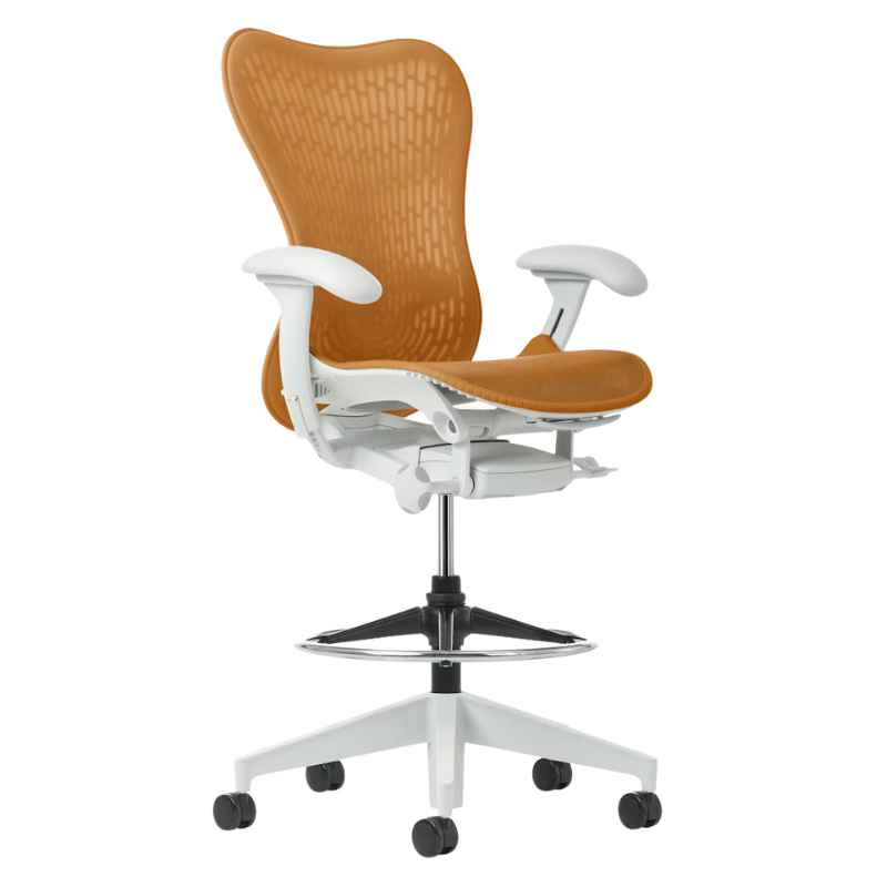 The Mirra 2 Stool from Herman Miller with the Butterfly Suspension Back, alpine frame and ochre color.