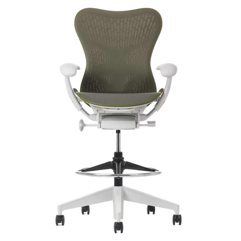 The Mirra 2 Stool from Herman Miller with the Butterfly Suspension Back, alpine frame and olive color.