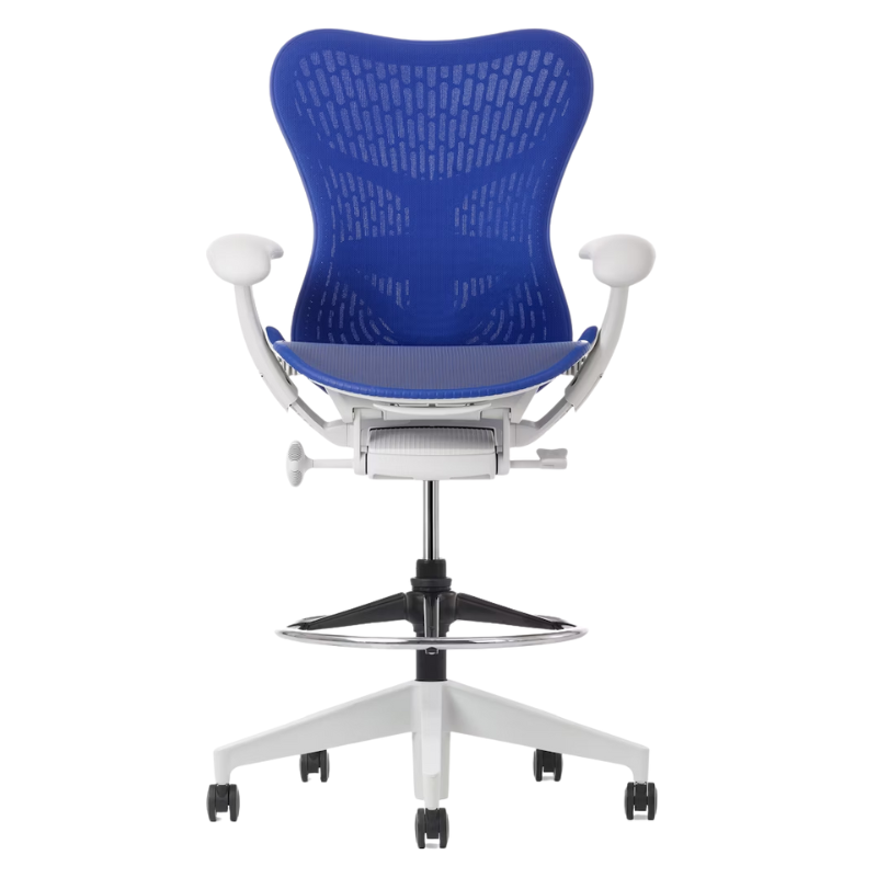 The Mirra 2 Stool from Herman Miller with the Butterfly Suspension Back, alpine frame and ultramarine blue color.