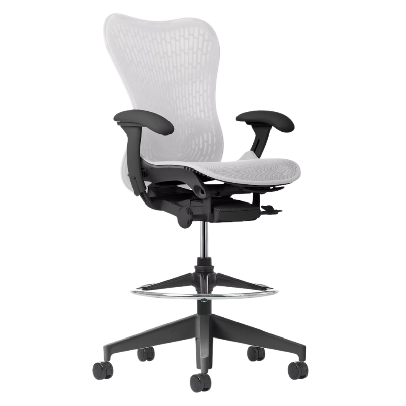 The Mirra 2 Stool from Herman Miller with the Butterfly Suspension Back, graphite frame and alpine color.