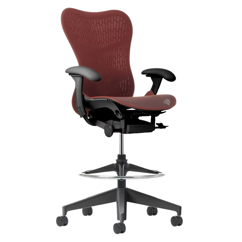 The Mirra 2 Stool from Herman Miller with the Butterfly Suspension Back, graphite frame and cordovan color.