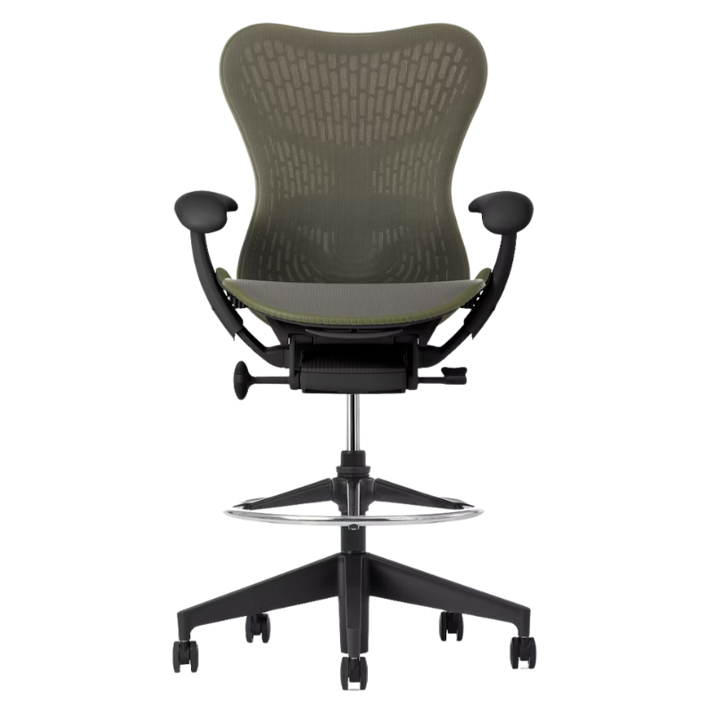 The Mirra 2 Stool from Herman Miller with the Butterfly Suspension Back, graphite frame and olive color.