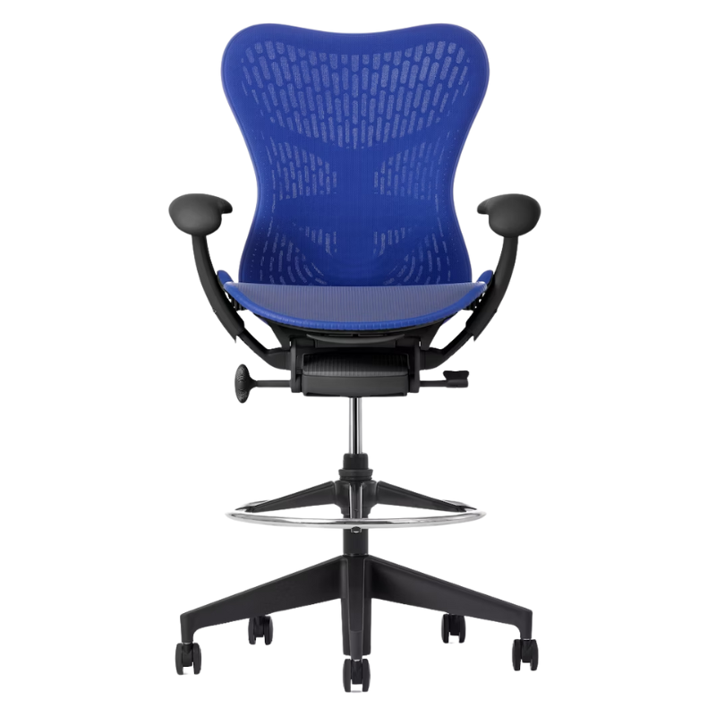 The Mirra 2 Stool from Herman Miller with the Butterfly Suspension Back, graphite frame and ultramarine blue color.