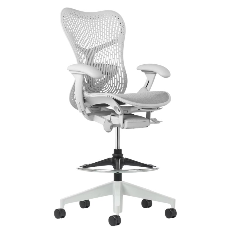 The Mirra 2 Stool from Herman Miller with the Triflex Polymer Back, alpine frame and alpine color.