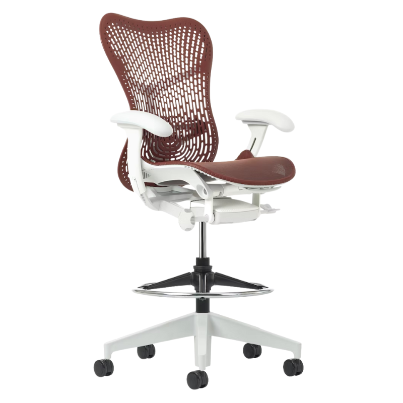 The Mirra 2 Stool from Herman Miller with the Triflex Polymer Back, alpine frame and cordovan color.