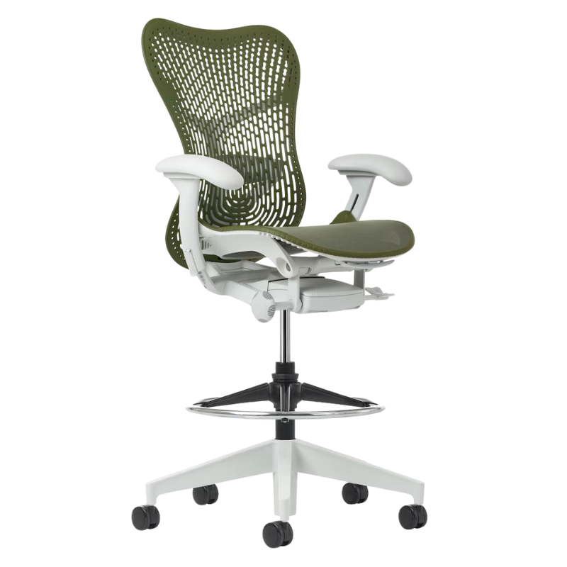 The Mirra 2 Stool from Herman Miller with the Triflex Polymer Back, alpine frame and olive color.