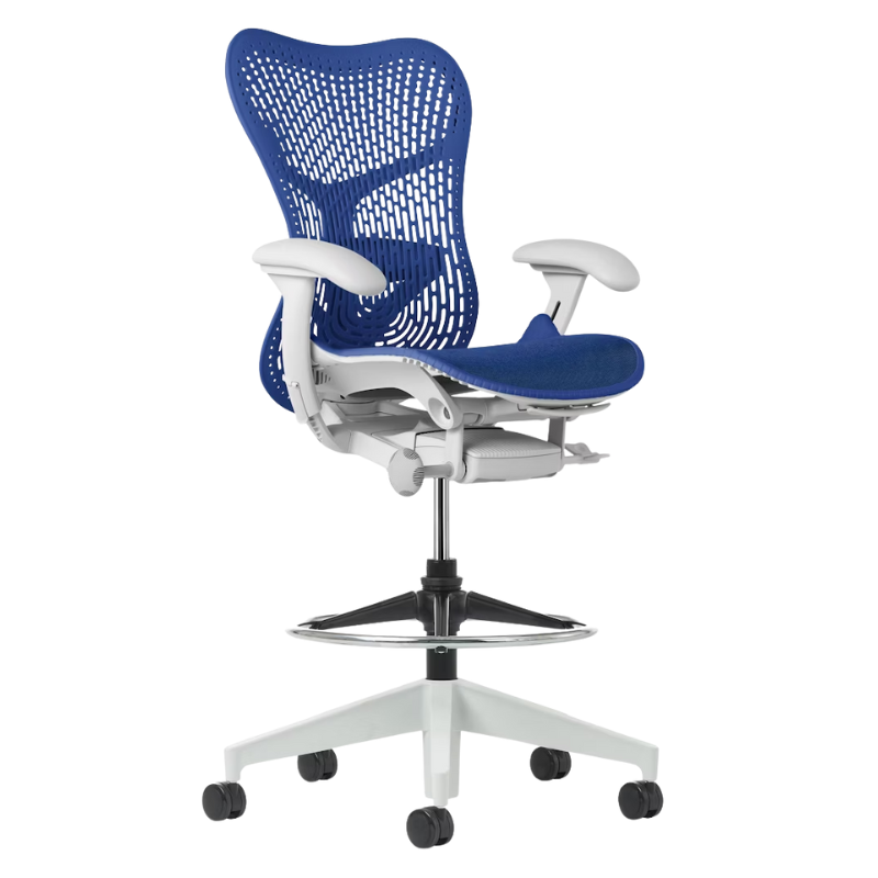 The Mirra 2 Stool from Herman Miller with the Triflex Polymer Back, alpine frame and ultramarine blue color.
