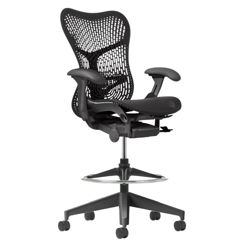 The Mirra 2 Stool from Herman Miller with the Triflex Polymer Back, graphite frame and graphite color.