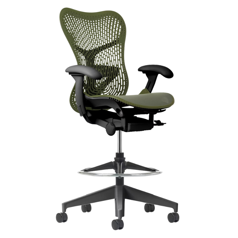 The Mirra 2 Stool from Herman Miller with the Triflex Polymer Back, graphite frame and olive color.