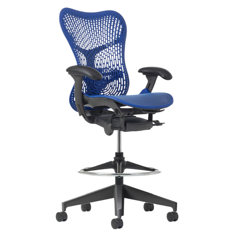 The Mirra 2 Stool from Herman Miller with the Triflex Polymer Back, graphite frame and ultramarine blue color.