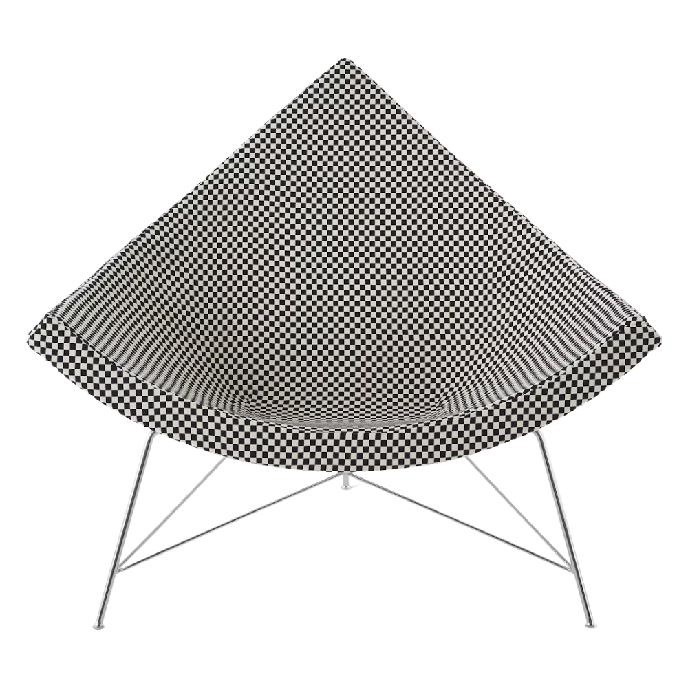 The Nelson Coconut Chair from Herman Miller with the black and white checker upholstery and chrome base from the front.