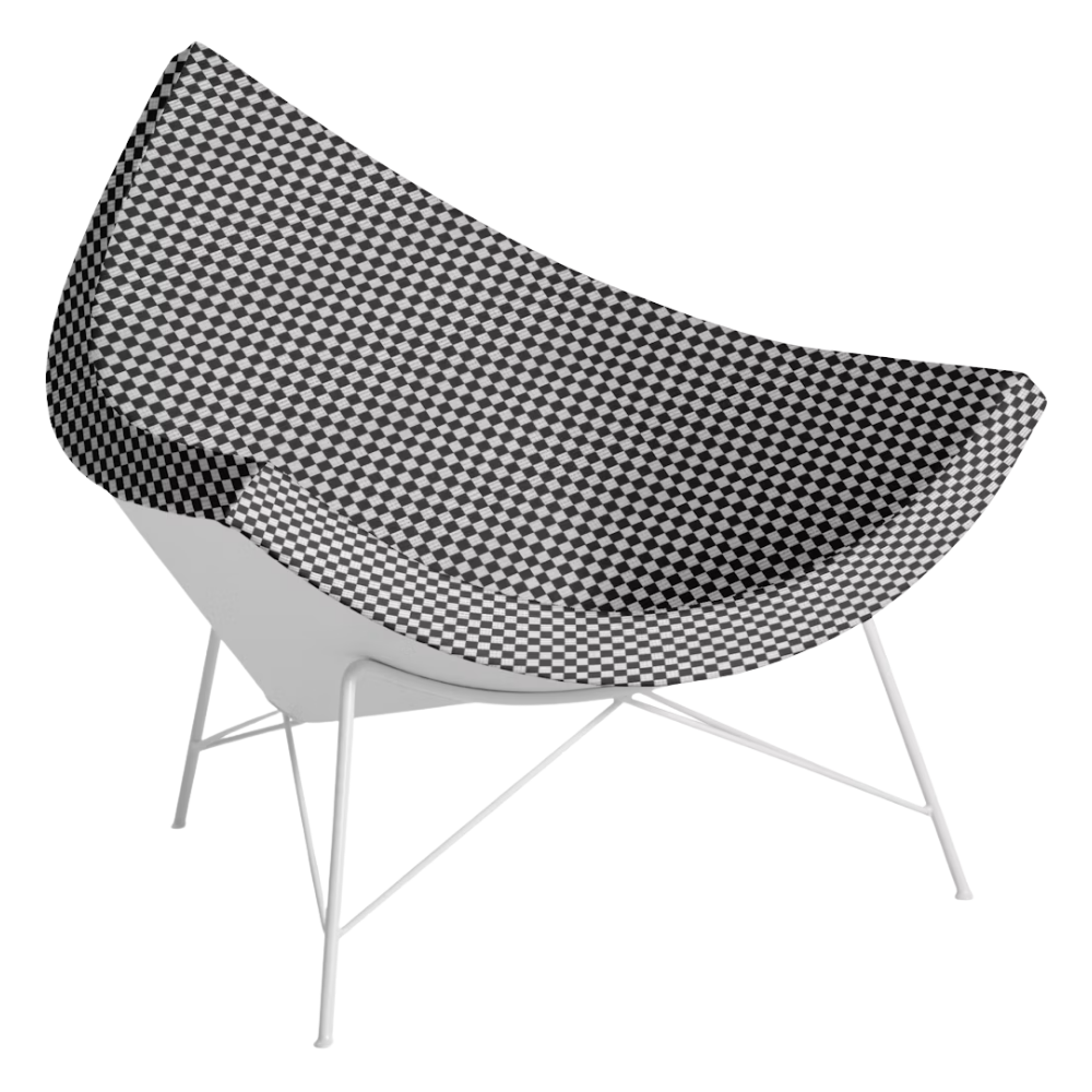The Nelson Coconut Chair from Herman Miller with the black and white checker upholstery and white base.
