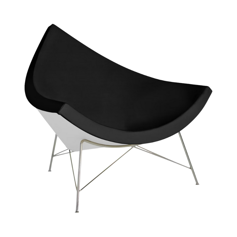The Nelson Coconut Chair Raise Leather Black with Chrome Base from Herman Miller.