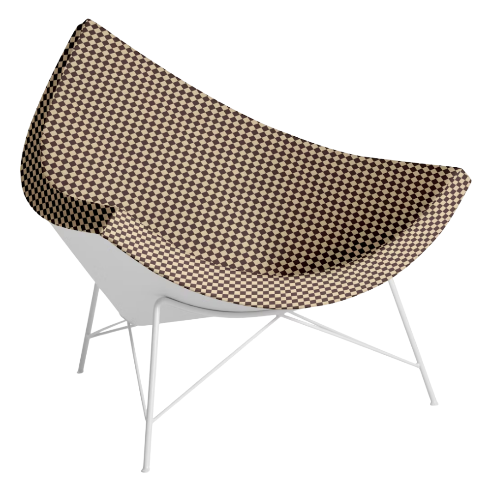 The Nelson Coconut Chair from Herman Miller with the dark siena and khaki checker upholstery and white base.