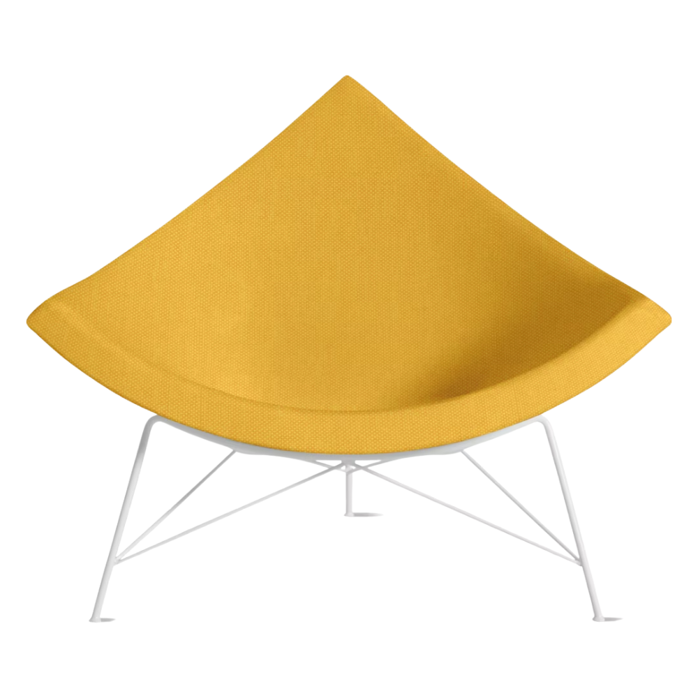 The Nelson Coconut Chair from Herman Miller with the goldenrod mode upholstery and white base from the front.