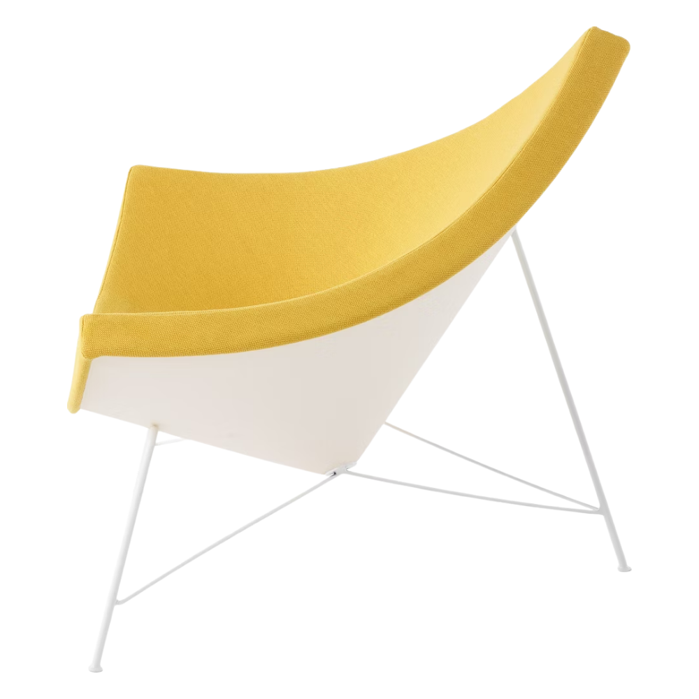 The Nelson Coconut Chair from Herman Miller with the goldenrod mode upholstery and white base from the side.